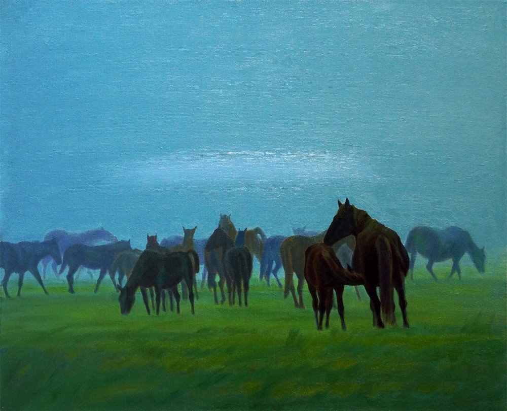 3. Хакасия. Туман 草原上的马群  布面油画  70х85cm  2017年.jpg