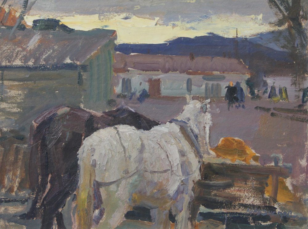 B316c 0348库兹涅措夫 尤里 米海洛维奇 《并驾齐驱》、1958年、油画纸板、49-65cm.JPG